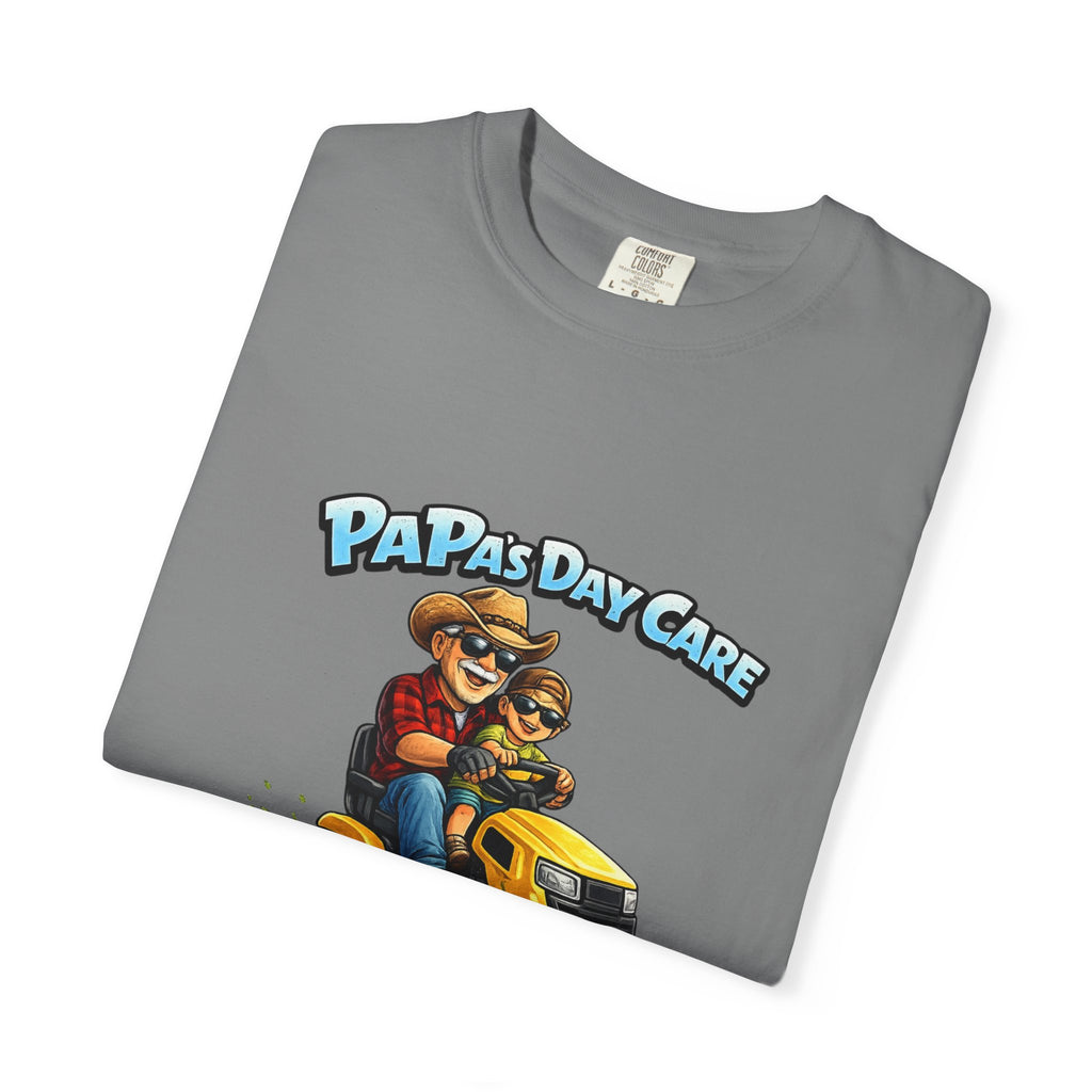 Papa's Day Care T-Shirt — Dad & Kid Riding Lawn Mower Father’s Day Tee