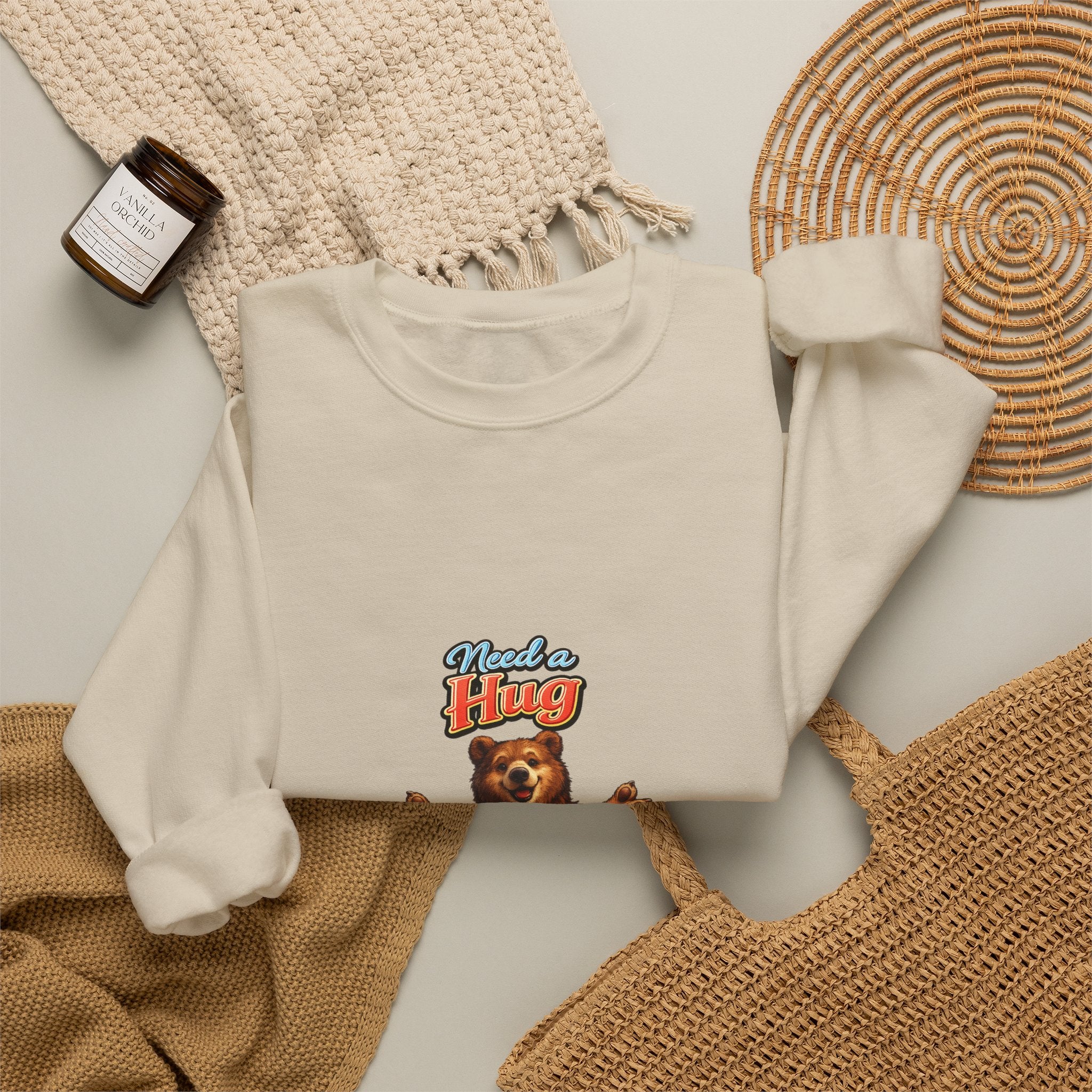 Bear Hug Crewneck Sweatshirt — Vintage Bear Graphic "Need a Hug" Cozy Pullover