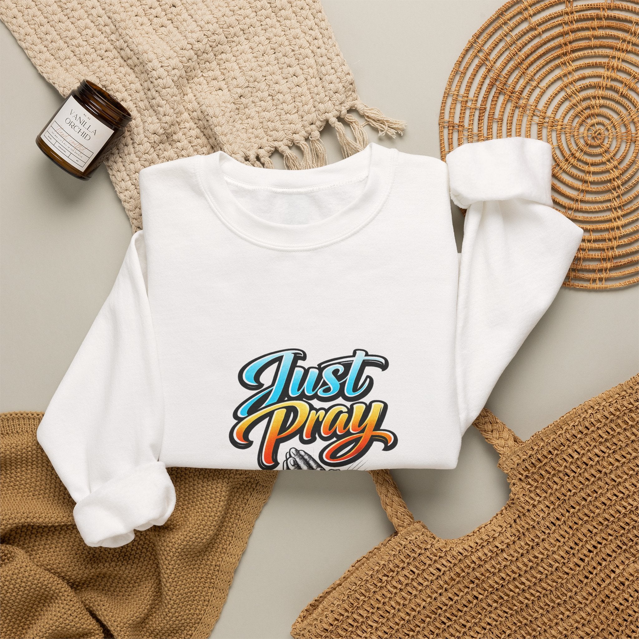 Just Pray Crewneck Sweatshirt — Praying Hands Graphic Religious Sweatshirt