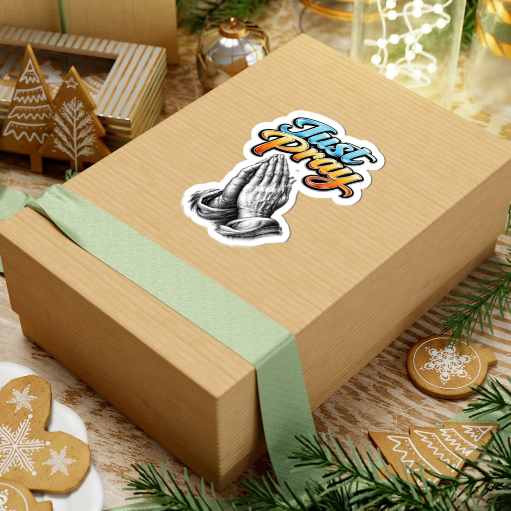 Just Pray Sticker — Retro Script with Praying Hands (Kiss-Cut Vinyl)