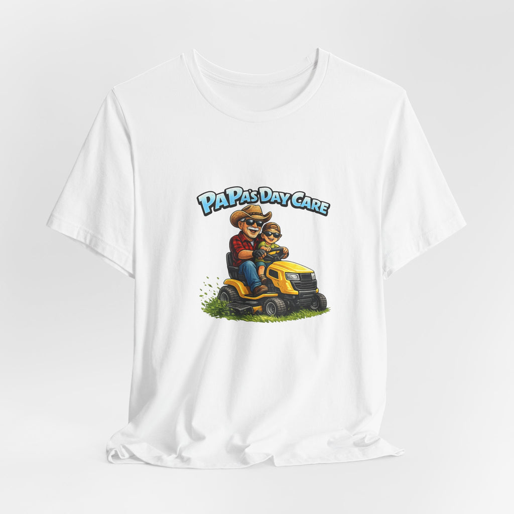 Papa's Daycare Lawn Mower T-Shirt — Funny Dad & Kid Riding Tee