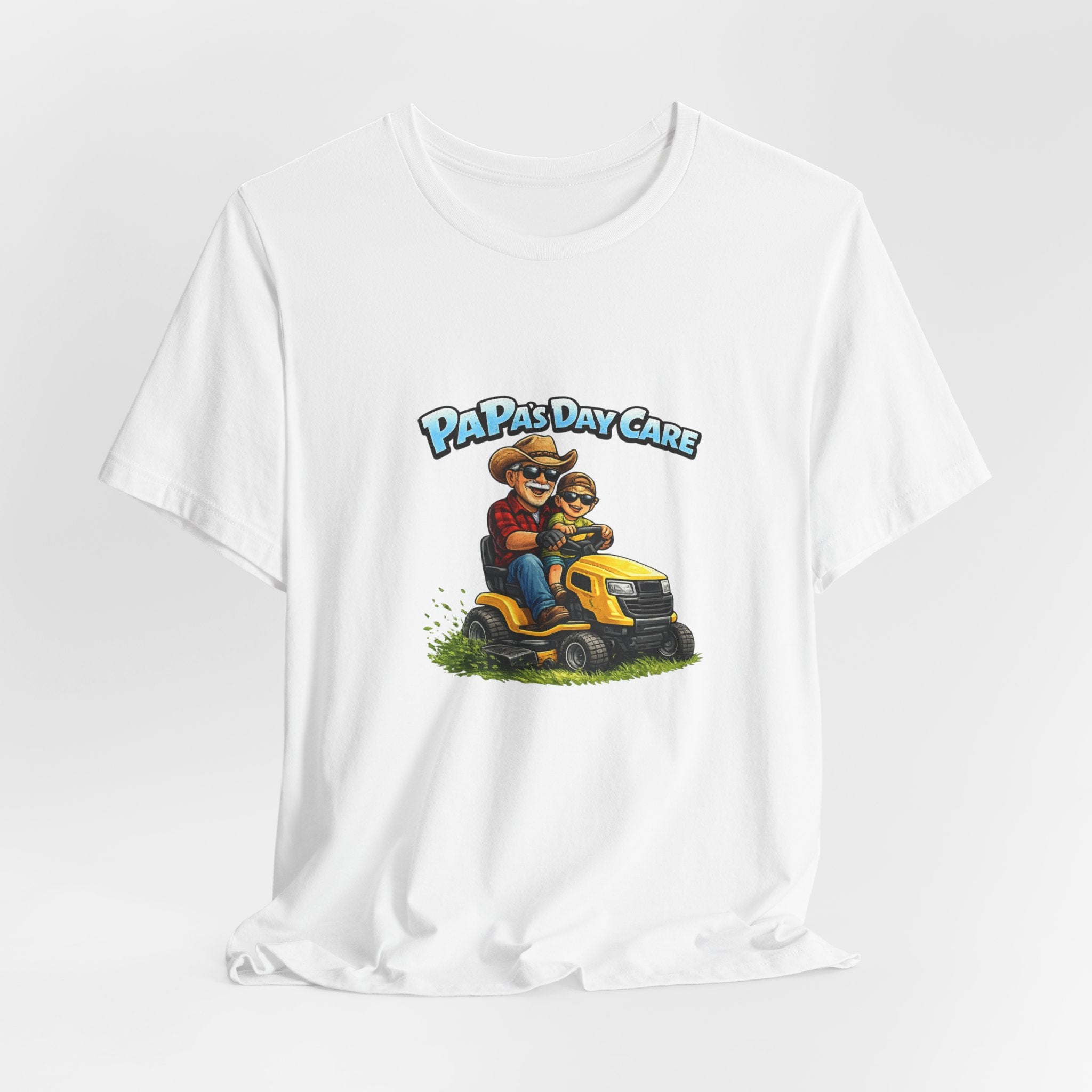 Papa's Daycare Lawn Mower T-Shirt — Funny Dad & Kid Riding Tee
