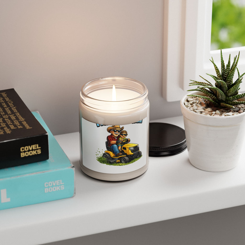 9oz Scented Soy Candle — Dad & Kid Riding Lawn Mower, Rustic Outdoor Fragrance