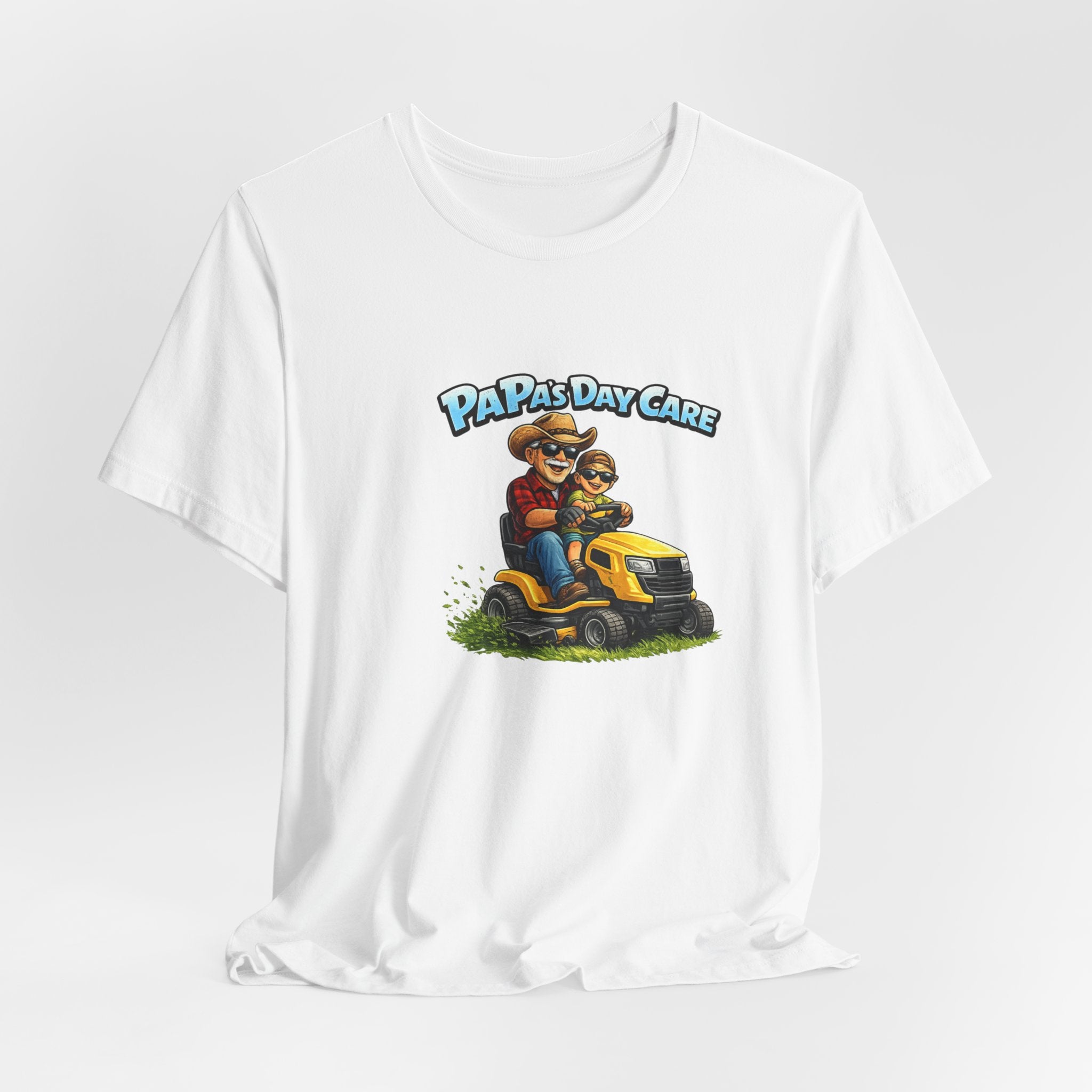 Papa’s Day Care Lawn Mower Tee — Funny Father & Kid Riding Graphic T-Shirt