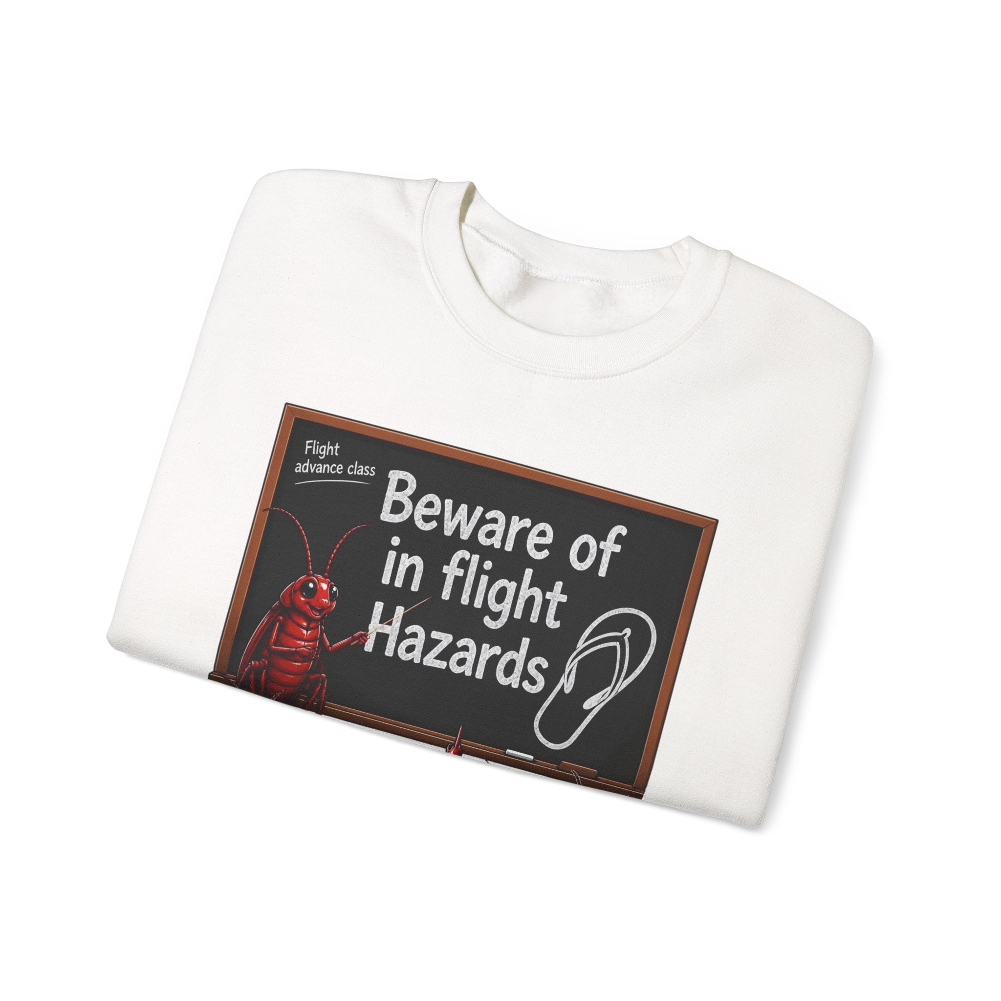 Crewneck Sweatshirt – "Beware of in Flight Hazards" Vintage Cockroach Classroom Design