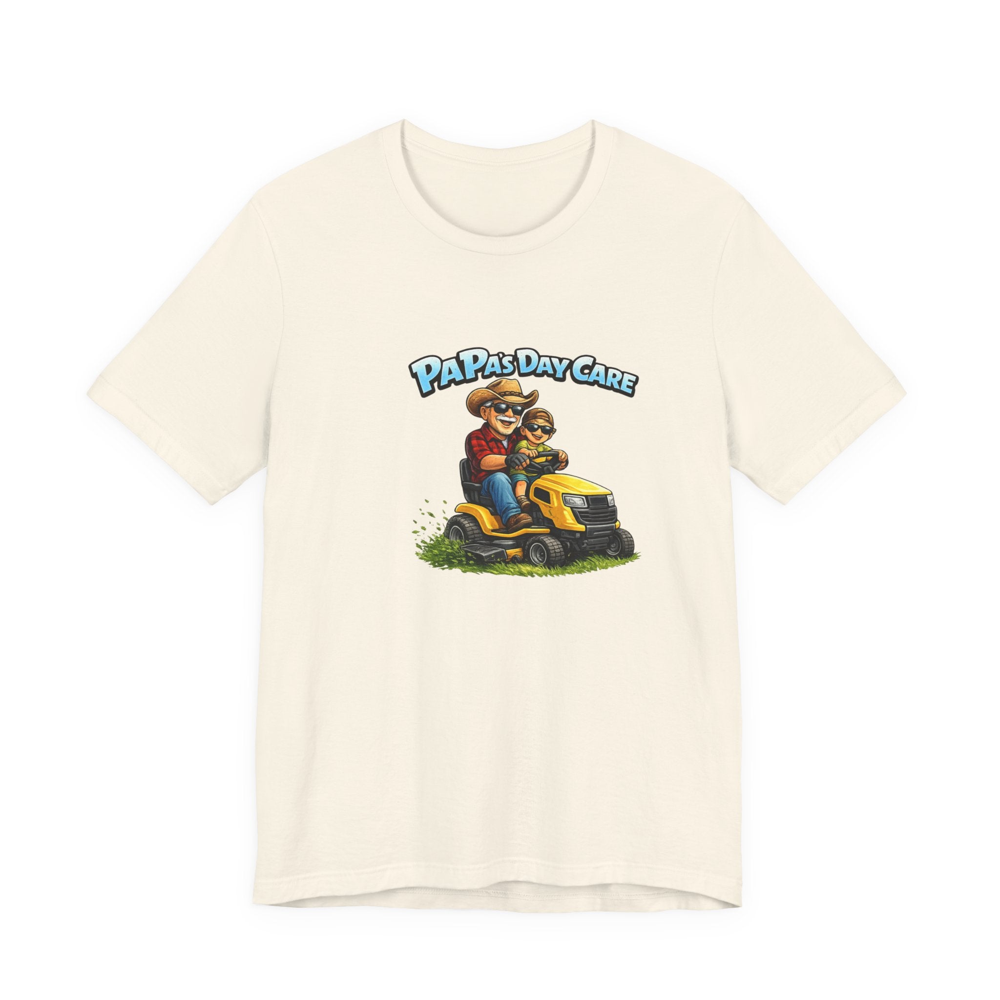 Papa’s Day Care Lawn Mower Tee — Funny Father & Kid Riding Graphic T-Shirt