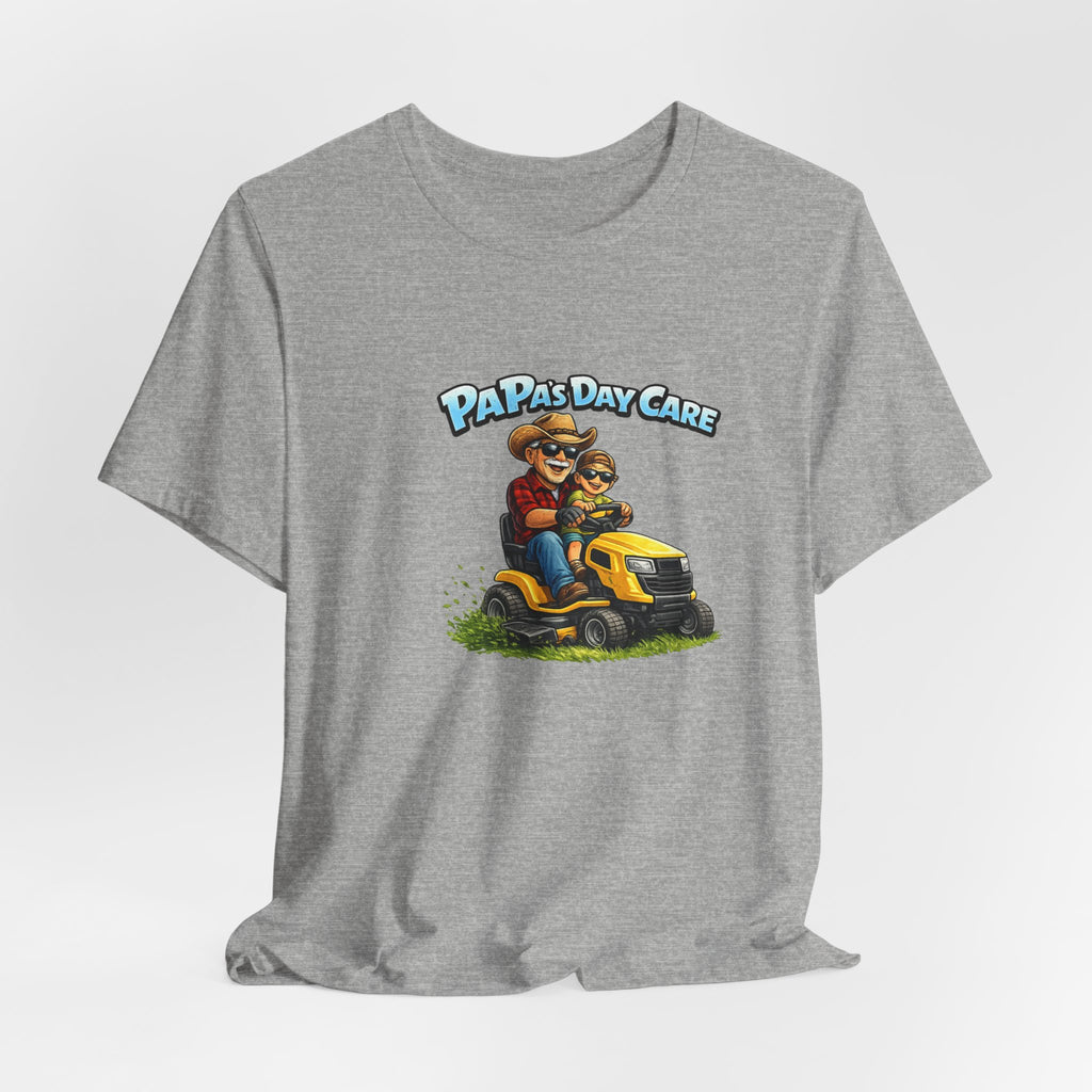 Papa’s Day Care Lawn Mower Tee — Funny Father & Kid Riding Graphic T-Shirt