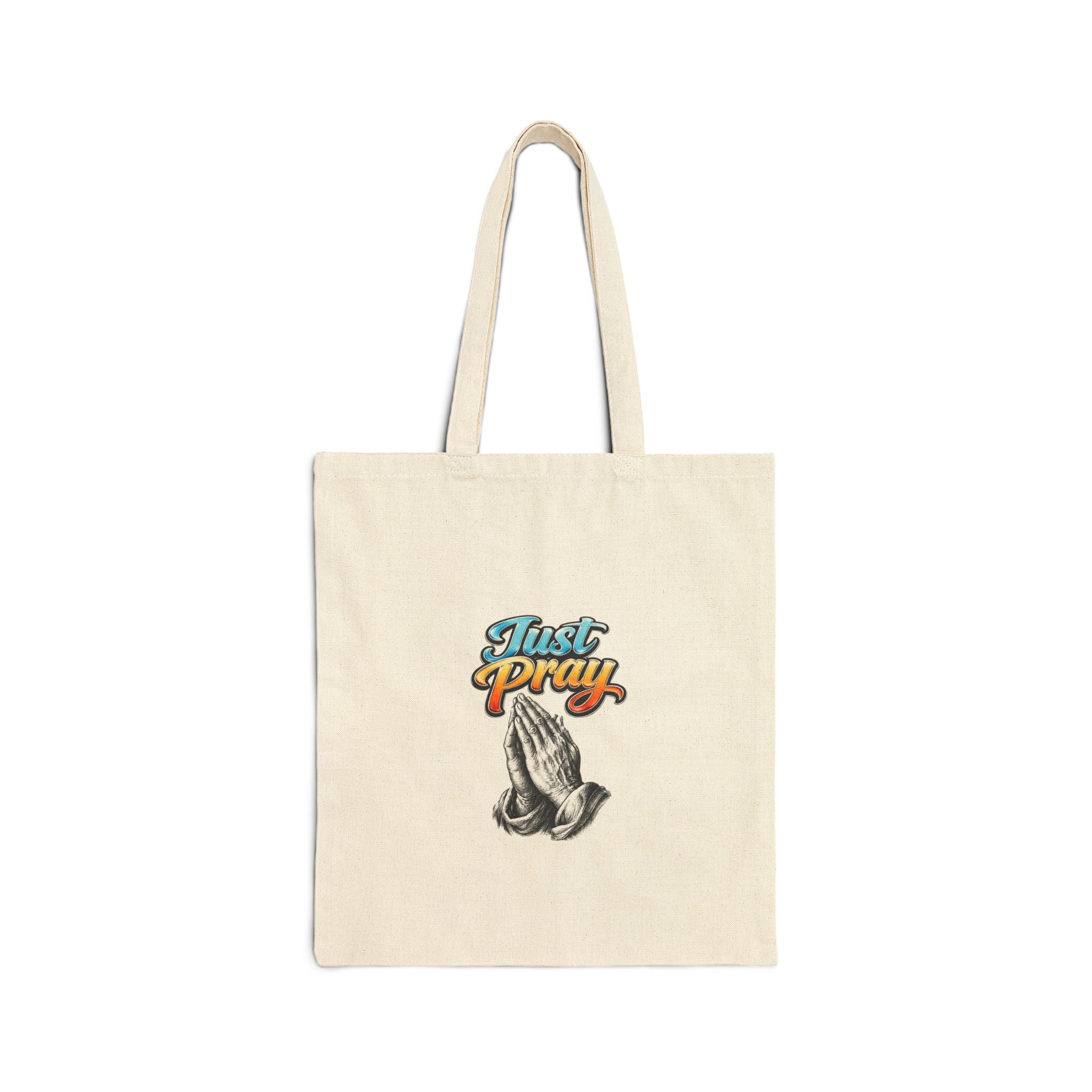 Praying Hands Tote Bag — "Just Pray" Cotton Canvas Religious Tote