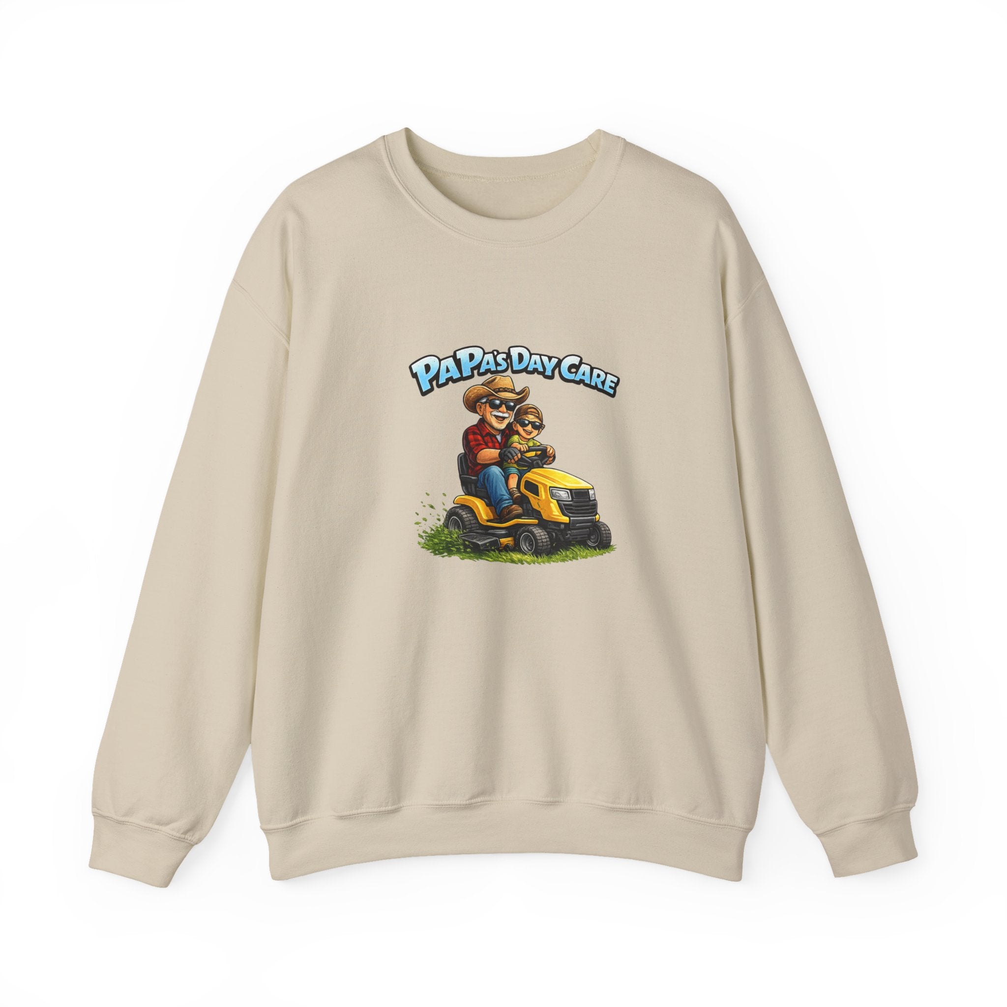 Crewneck Sweatshirt — "Papa's Daycare" Lawn Mower Dad Design, Father's Day Gift