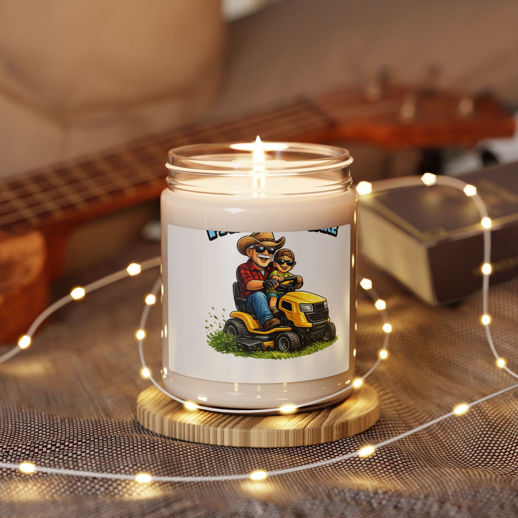 9oz Scented Soy Candle — Dad & Kid Riding Lawn Mower, Rustic Outdoor Fragrance