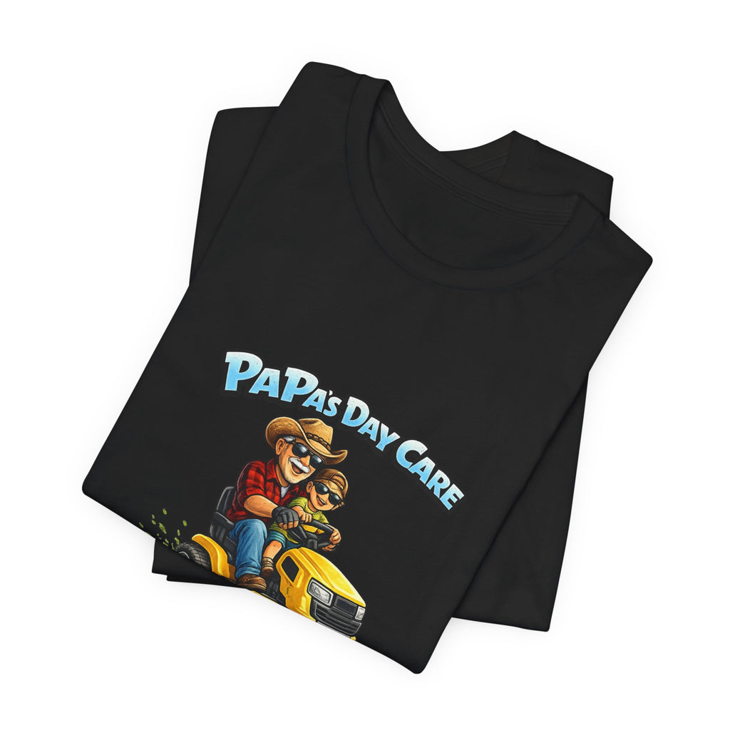 Papa's Daycare Lawn Mower T-Shirt — Funny Dad & Kid Riding Tee