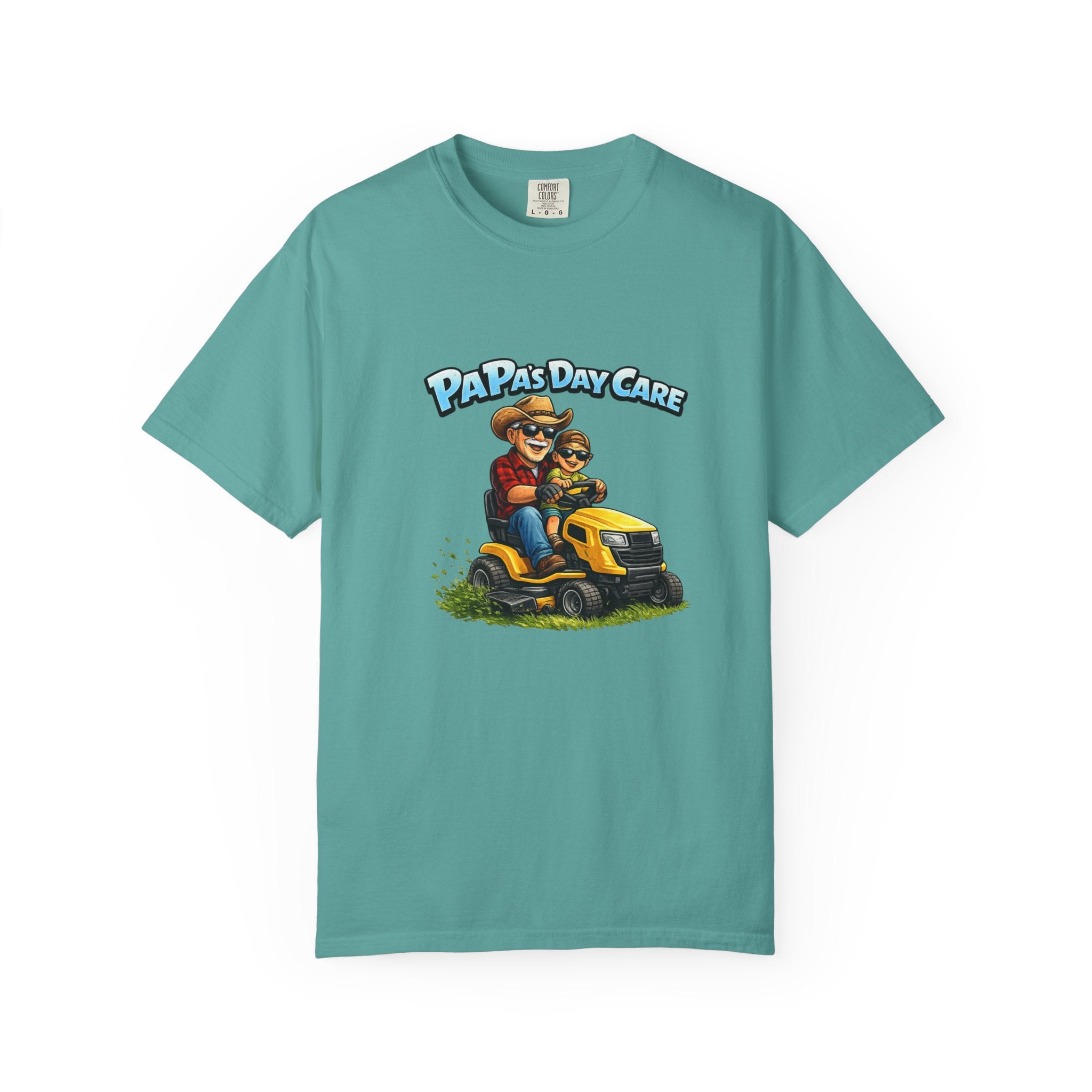 Papa's Day Care T-Shirt — Dad & Kid Riding Lawn Mower Father’s Day Tee