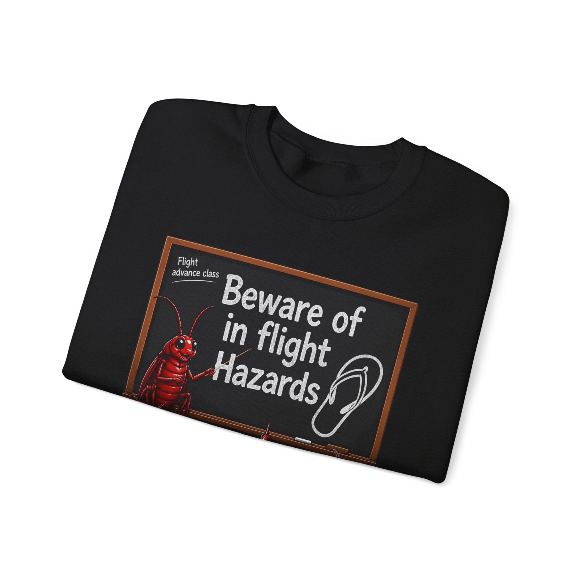 Crewneck Sweatshirt – "Beware of in Flight Hazards" Vintage Cockroach Classroom Design