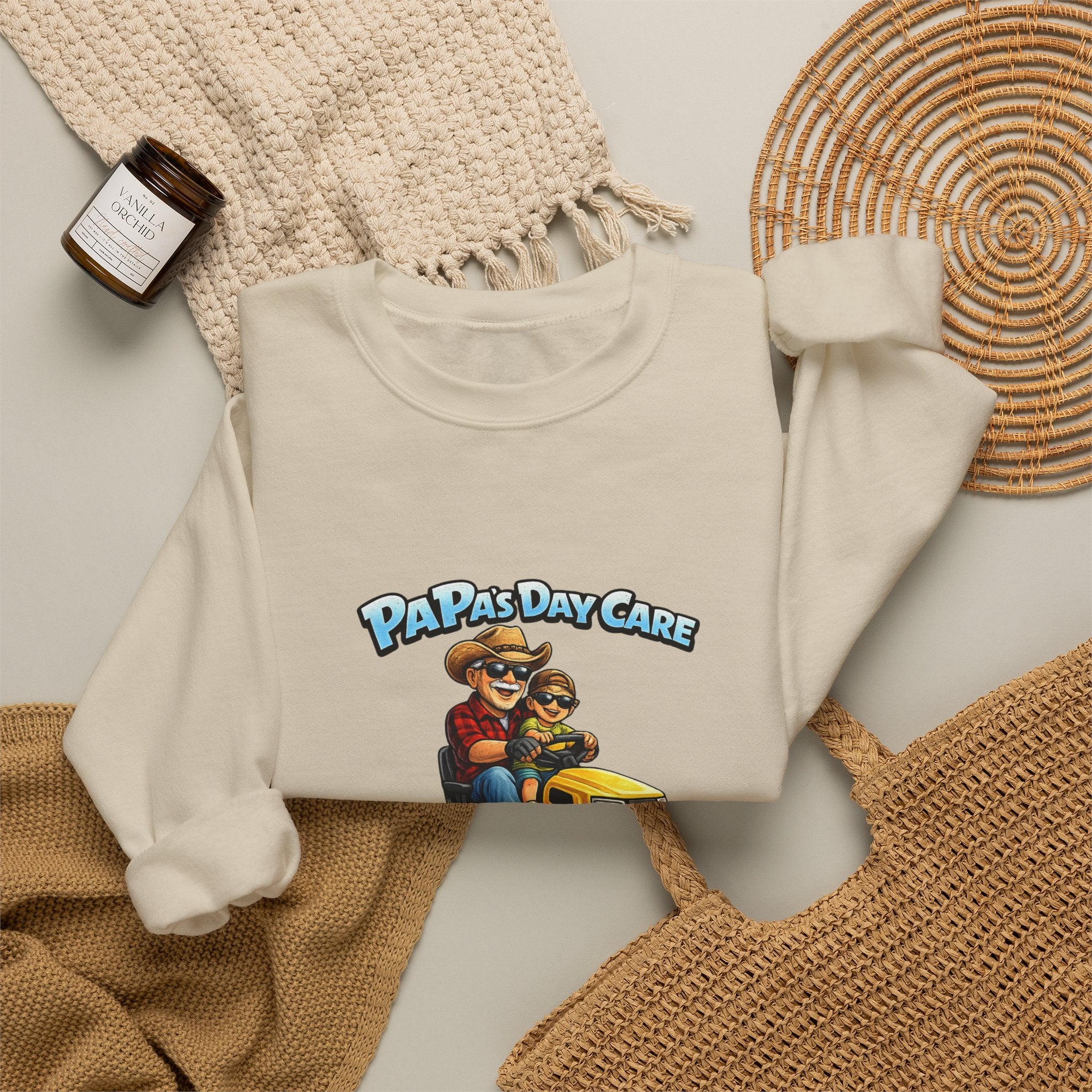 Crewneck Sweatshirt — "Papa's Daycare" Lawn Mower Dad Design, Father's Day Gift