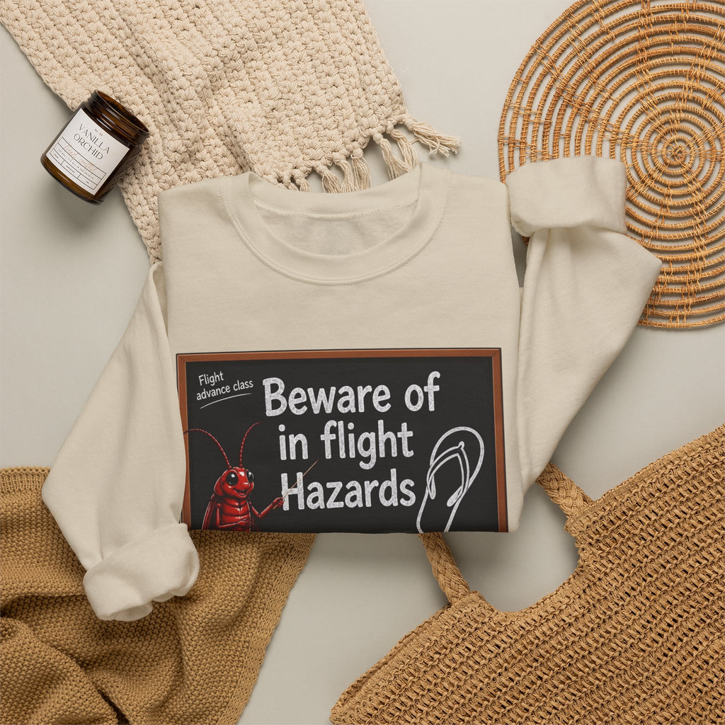 Crewneck Sweatshirt – "Beware of in Flight Hazards" Vintage Cockroach Classroom Design