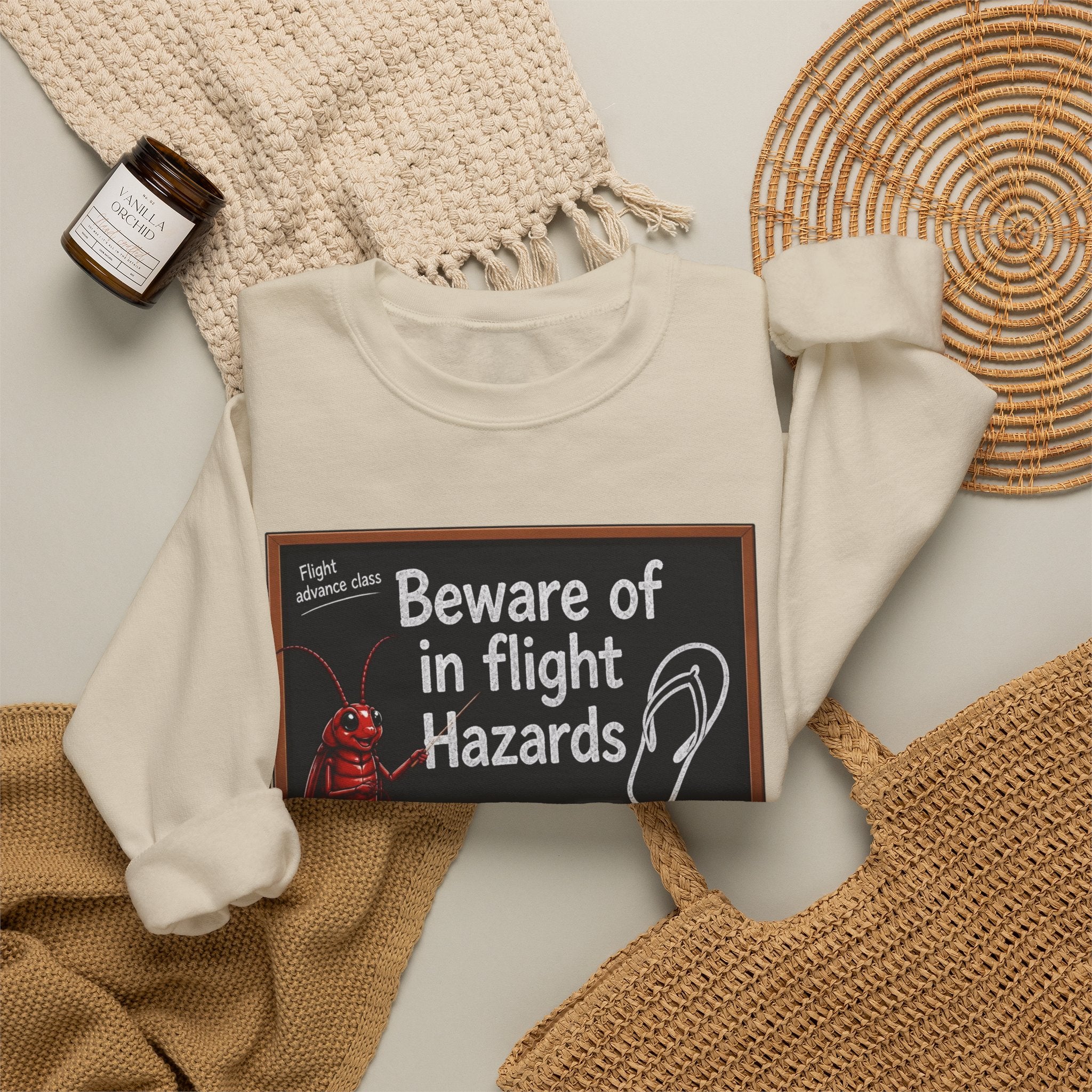 Crewneck Sweatshirt – "Beware of in Flight Hazards" Vintage Cockroach Classroom Design