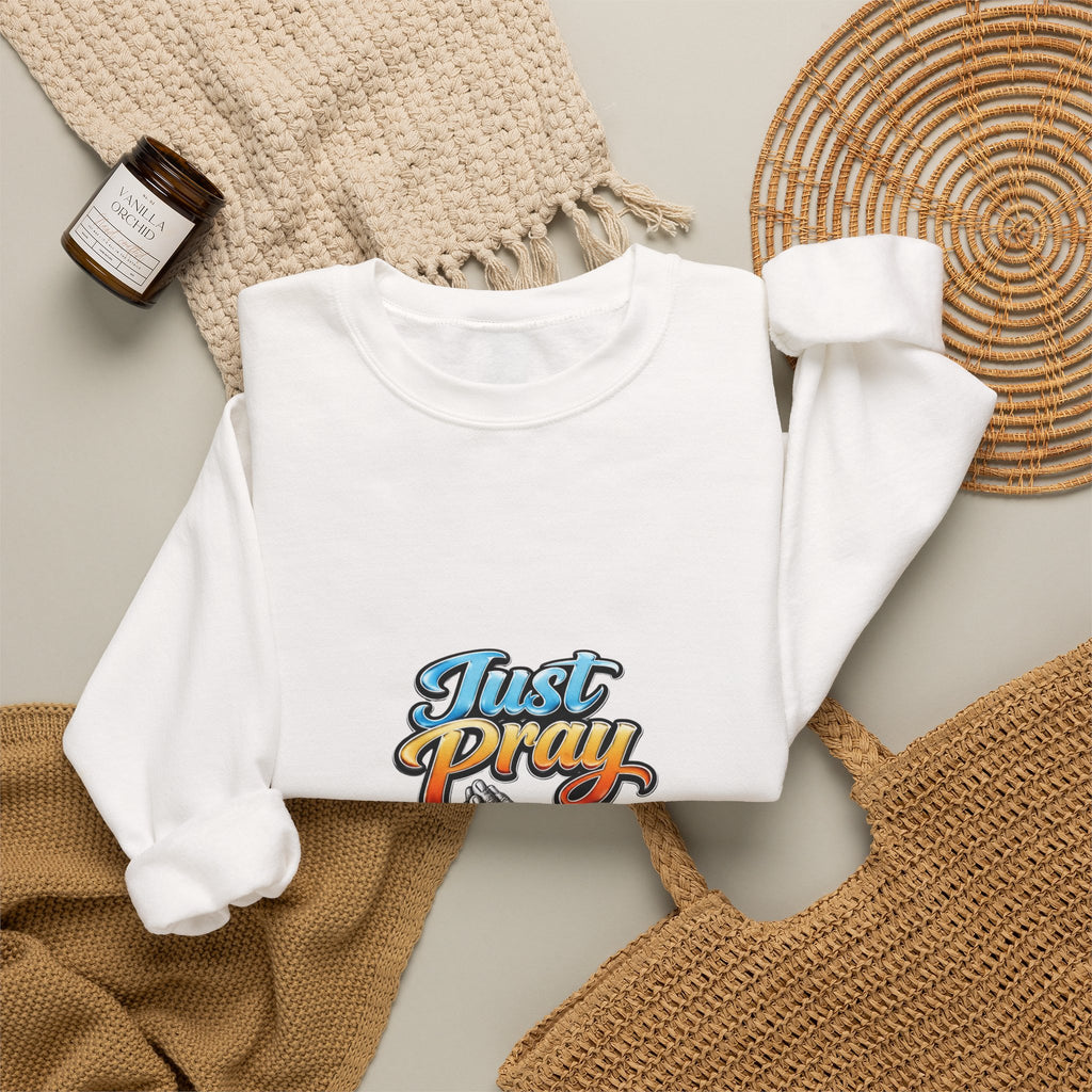 Just Pray Crewneck Sweatshirt — Retro Praying Hands Christian Top