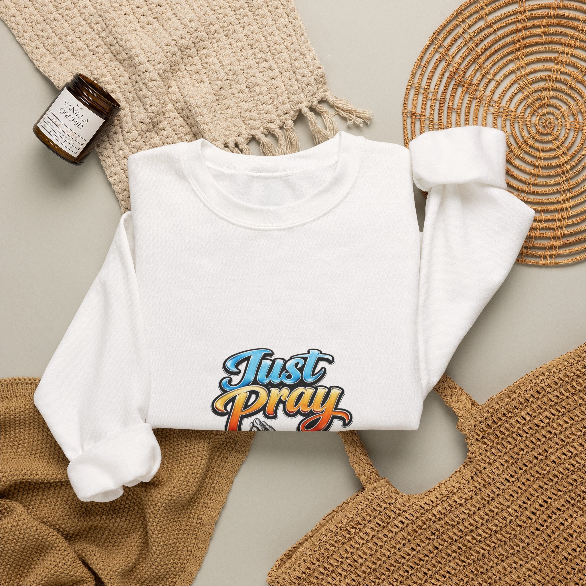 Just Pray Crewneck Sweatshirt — Retro Praying Hands Christian Top