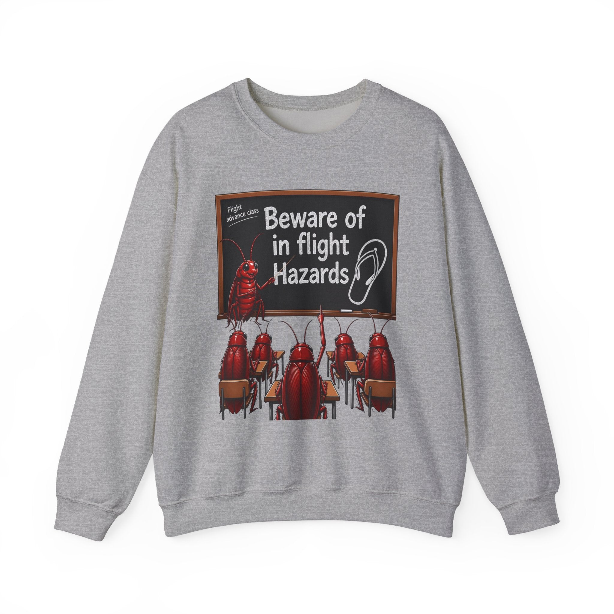 Crewneck Sweatshirt – "Beware of in Flight Hazards" Vintage Cockroach Classroom Design
