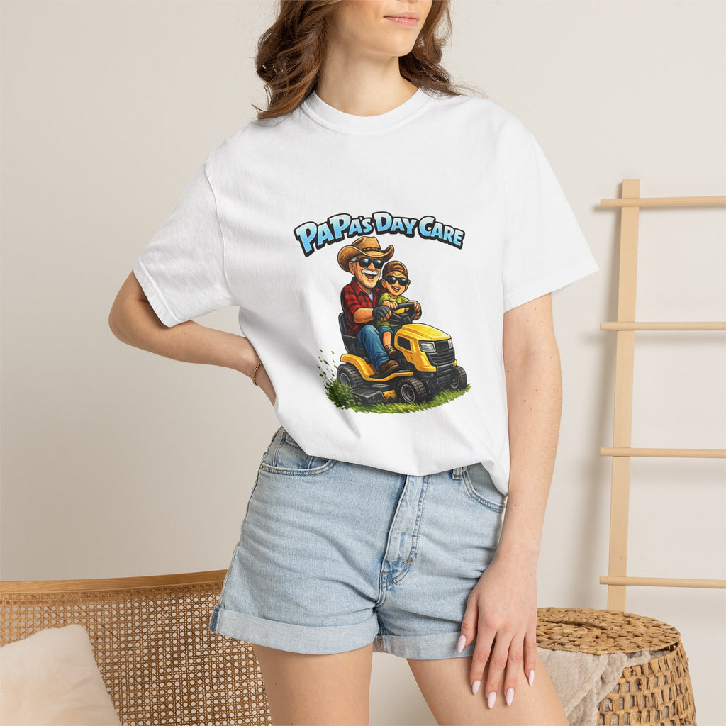 Papa's Day Care T-Shirt — Dad & Kid Riding Lawn Mower Father’s Day Tee