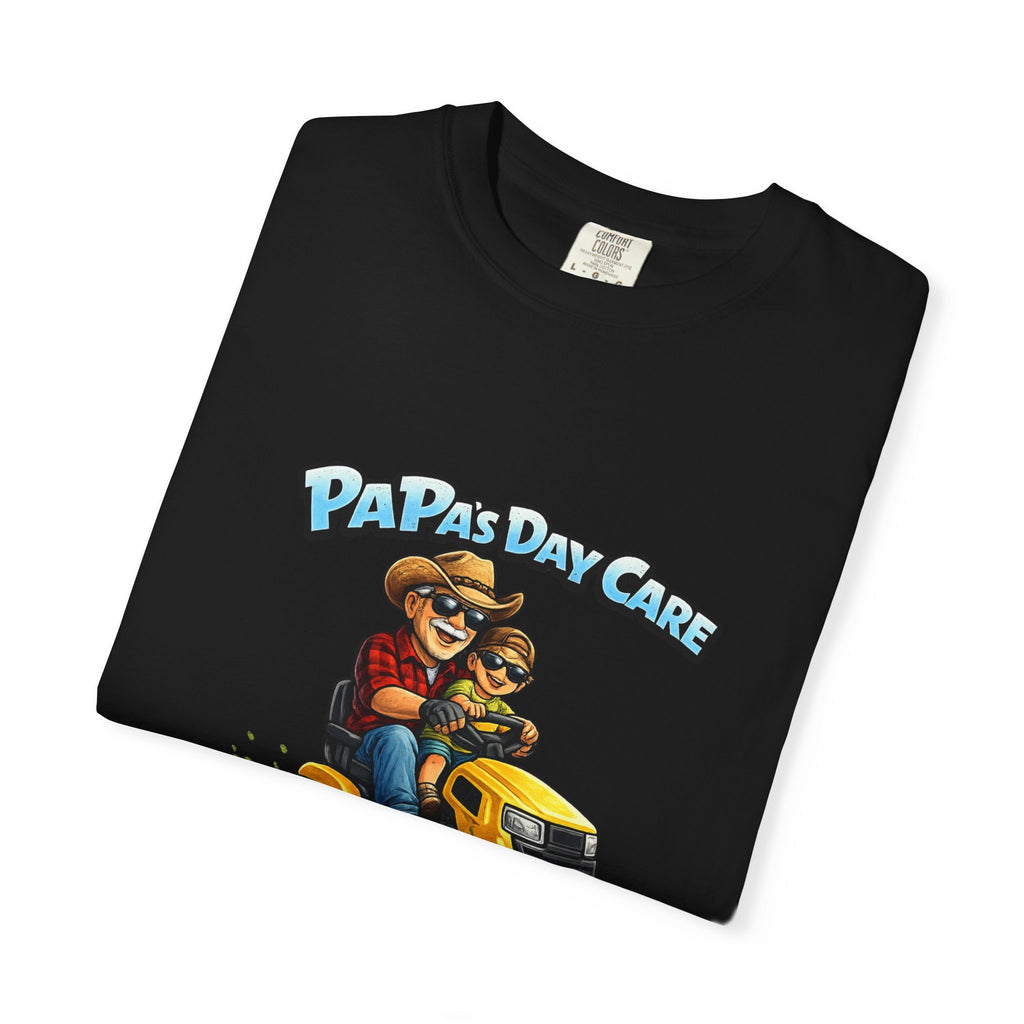 Papa's Day Care T-Shirt — Dad & Kid Riding Lawn Mower Father’s Day Tee