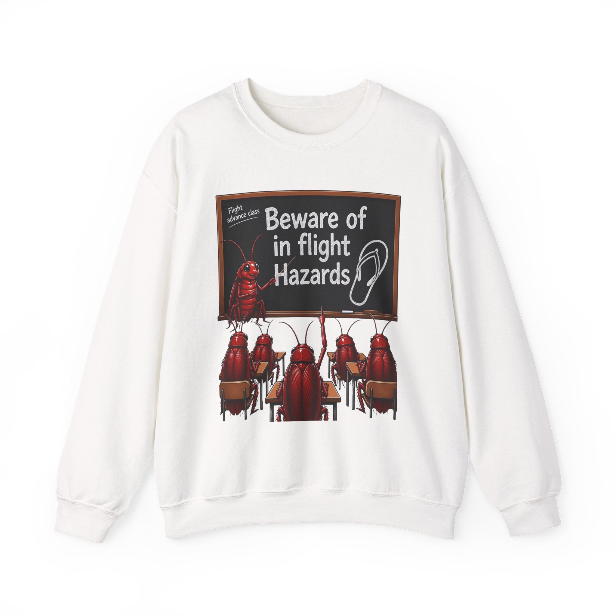 Crewneck Sweatshirt – "Beware of in Flight Hazards" Vintage Cockroach Classroom Design